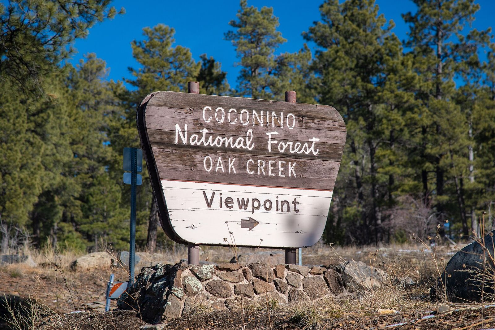 A rustic wooden Coconino National Forest Oak Creek Viewpoint sign surrounded by tall ponderosa pines in northern Arizona.
