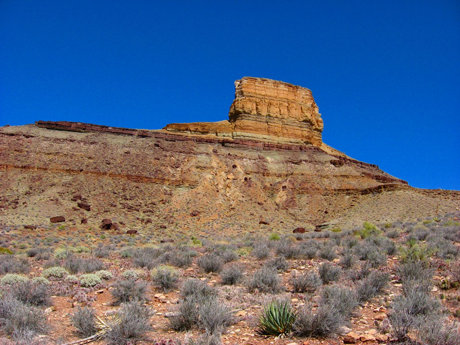 Sandstone Butte Rising Over Arizona Desert Scrubland A towering sandstone butte rises above desert scrubland and rocky slopes under a deep blue Arizona sky.