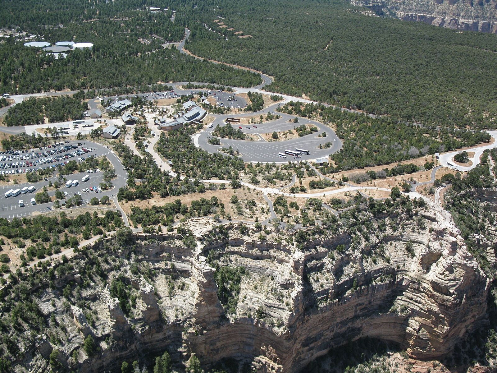 Aerial View of Grand Canyon South Rim Visitor Center Aerial view of Grand Canyon South Rim Visitor Center, parking lots, and canyon rim edge below.