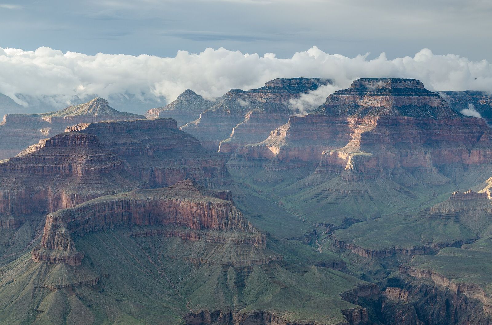 Grand Canyon Layered Buttes and Storm Clouds Dramatic layers of red rock buttes and mesas stretch across Grand Canyon National Park beneath billowing storm clouds.
