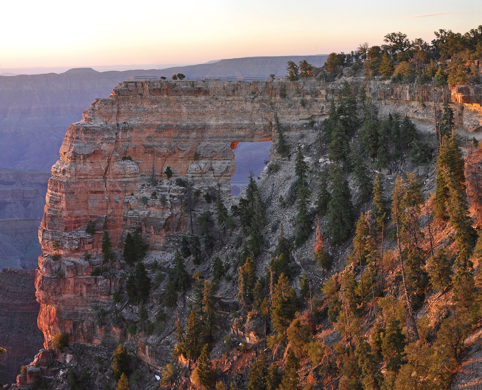 Angel's Window Rock Arch at North Rim Sunrise Angels Window natural rock arch on the North Rim of Grand Canyon glows warmly at sunrise with layered canyon walls behind.