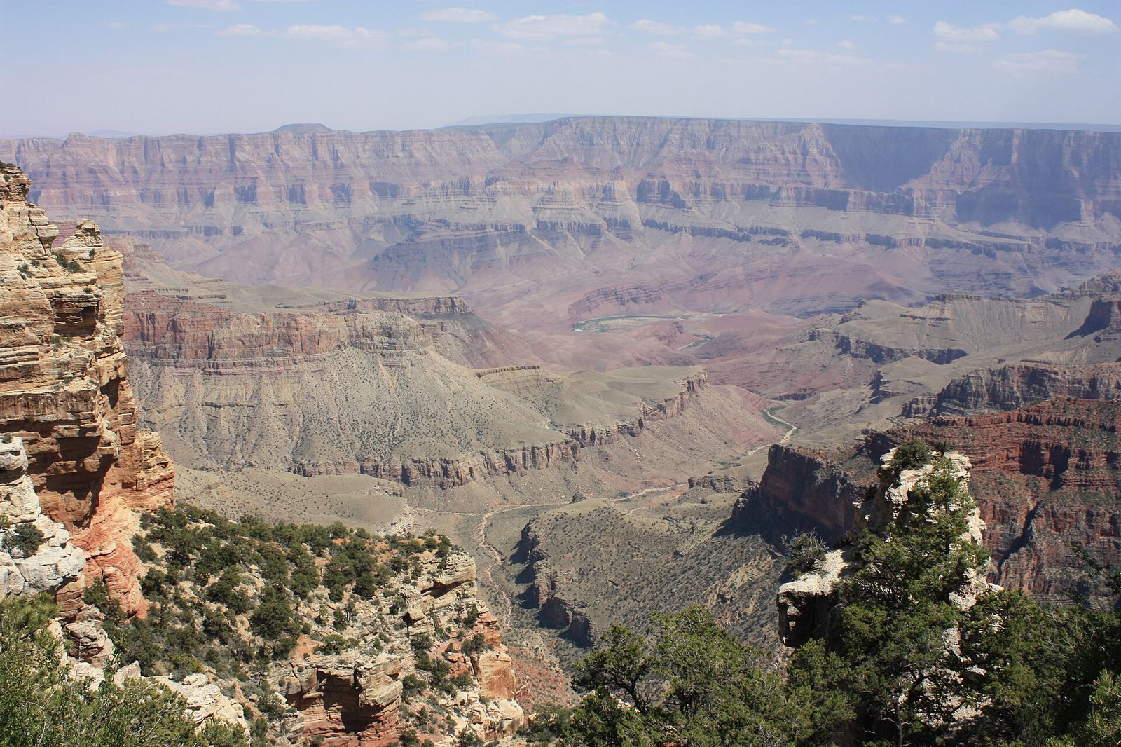 A sweeping Grand Canyon vista from Walhalla Overlook on the North Rim reveals layered canyon walls and the Colorado River below.