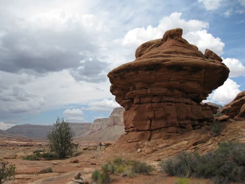 A striking sandstone hoodoo rock formation rises above the Kanab Creek Wilderness with layered canyon buttes behind it.