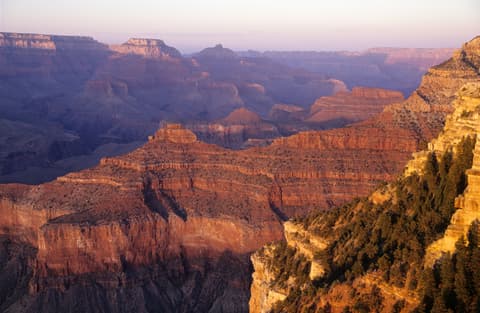 Layered red rock buttes and canyon walls lit by low golden sunset light at the Grand Canyon, Arizona.