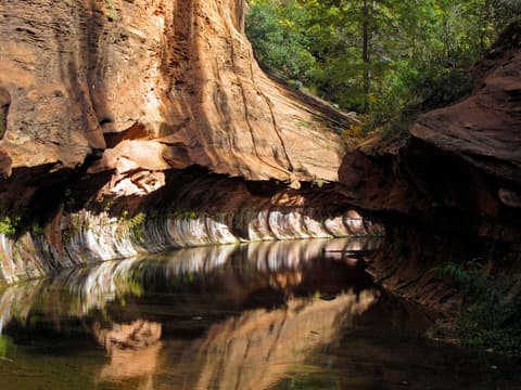 Smooth red sandstone walls curve above a still, reflective pool deep inside Oak Creek Canyon, Arizona.