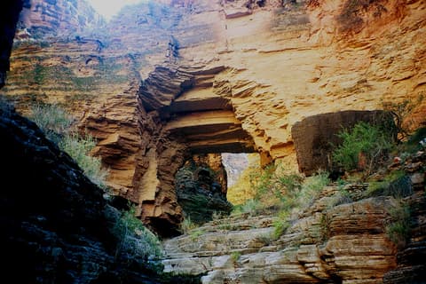 A massive natural sandstone arch frames the inner Grand Canyon walls, with layered rock and desert vegetation below.